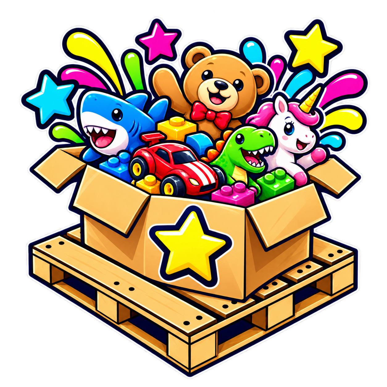 A party of plush toys, a race car, a dinosaur and building blocks spilling from a box on a wooden pallet